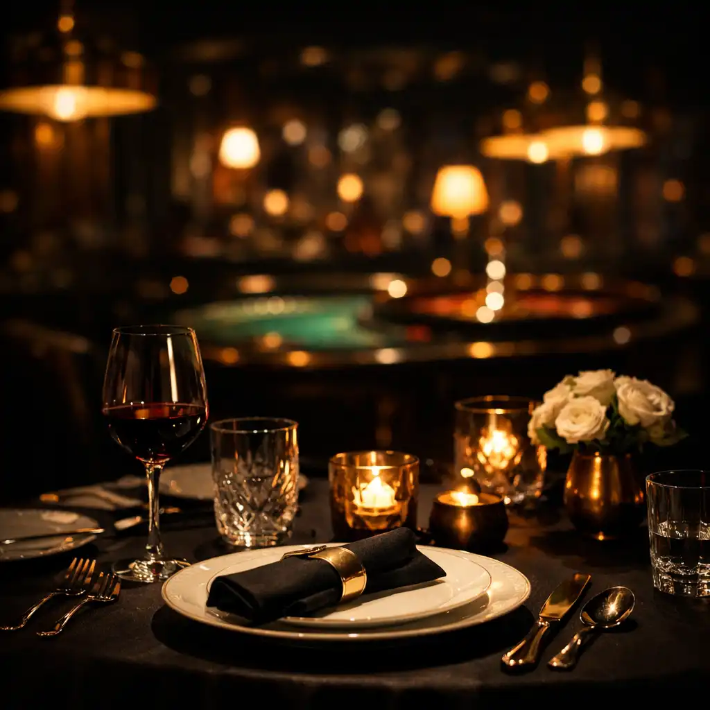 Detal wnętrza: stół restauracyjny z elegancką zastawą, w tle delikatnie rozmyta strefa kasyna