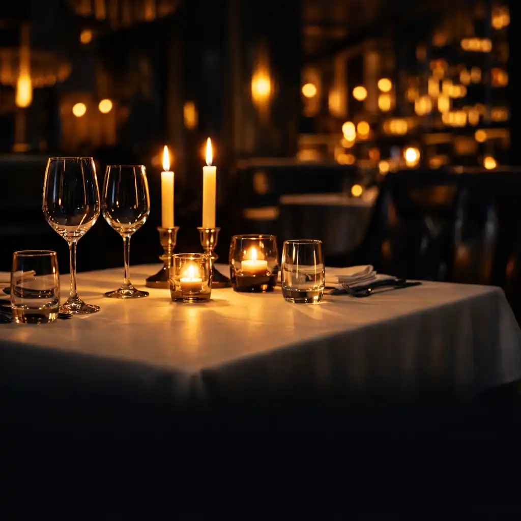 Eleganckie wnętrze restauracji Resta Urqela nocą z nakrytym stołem i ciepłym złotym oświetleniem