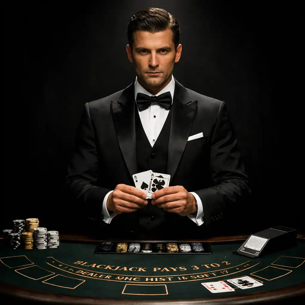 Profesjonalny krupier w eleganckim czarnym stroju przy stole do blackjacka