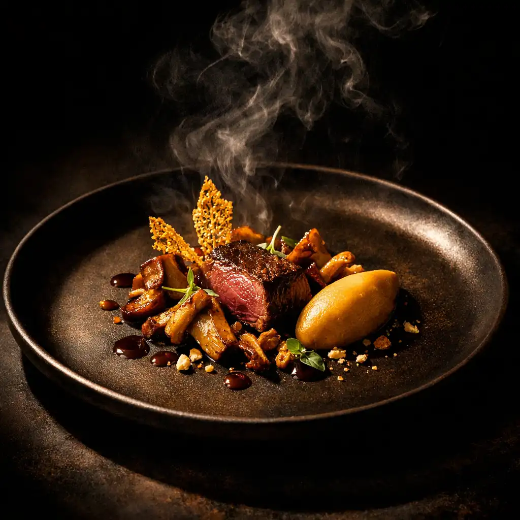 Dramatycznie oświetlone danie fine dining na ciemnym talerzu