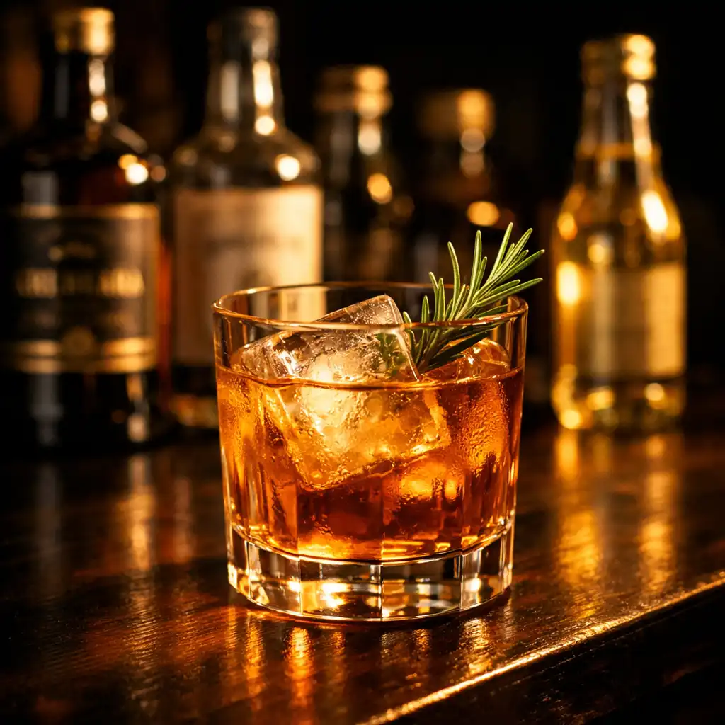 Bursztynowy mocktail w eleganckiej szklance na ciemnym barze