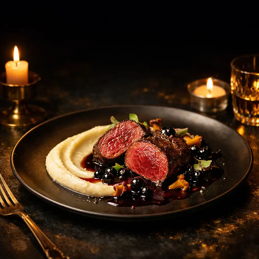 Elegancko podane danie fine dining na ciemnym stole w nocnym świetle Resta Urqela