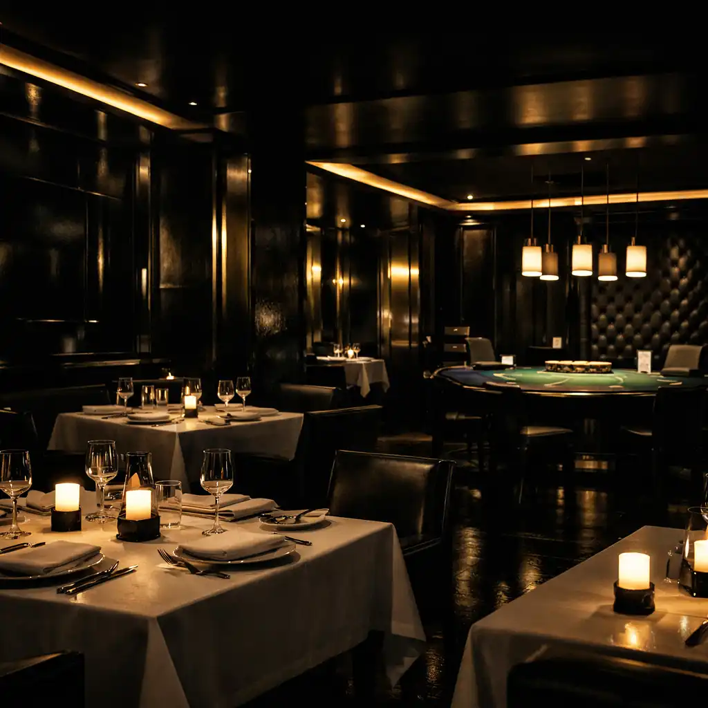 Wnętrze Resta Urqela nocą: elegancka sala restauracyjna z ciepłym złotym światłem, białymi obrusami i stołem do gry w tle
