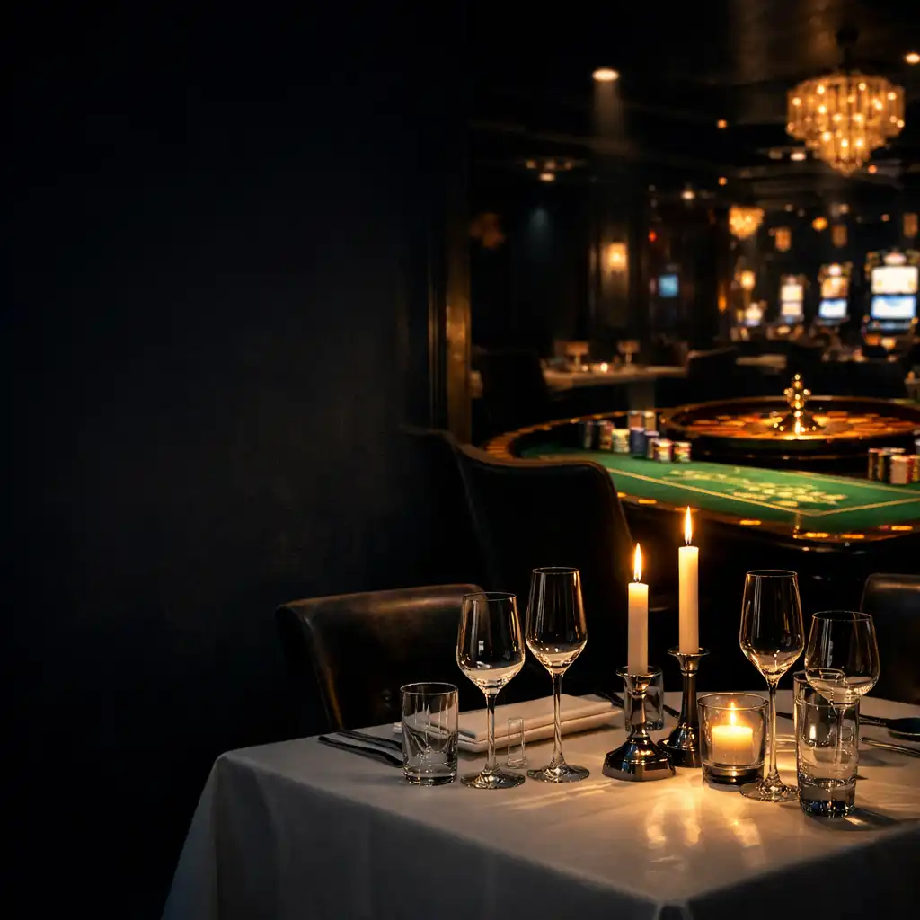 Elegancka, ciemna sala restauracyjna z widokiem na strefę kasyna w tle