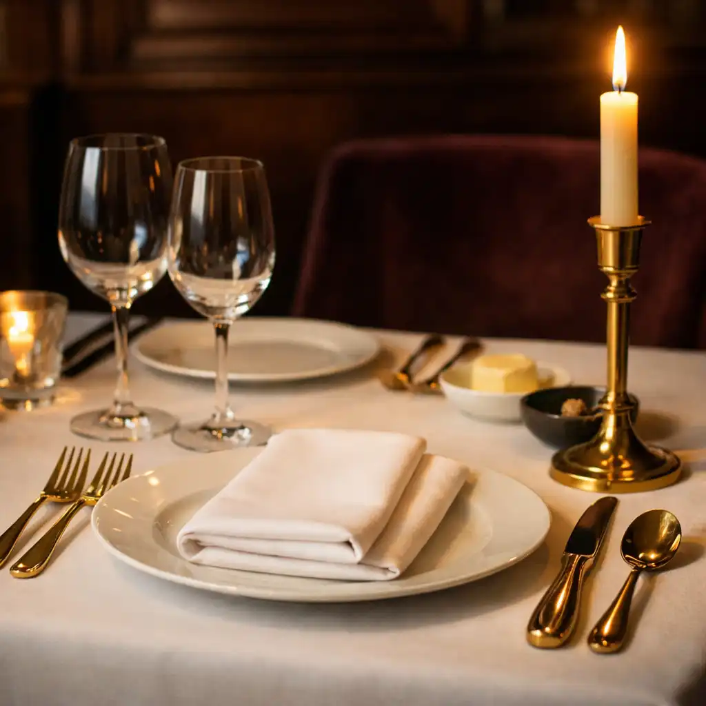 Elegancki stół w restauracji z białym obrusem, złotymi sztućcami i zapaloną świecą