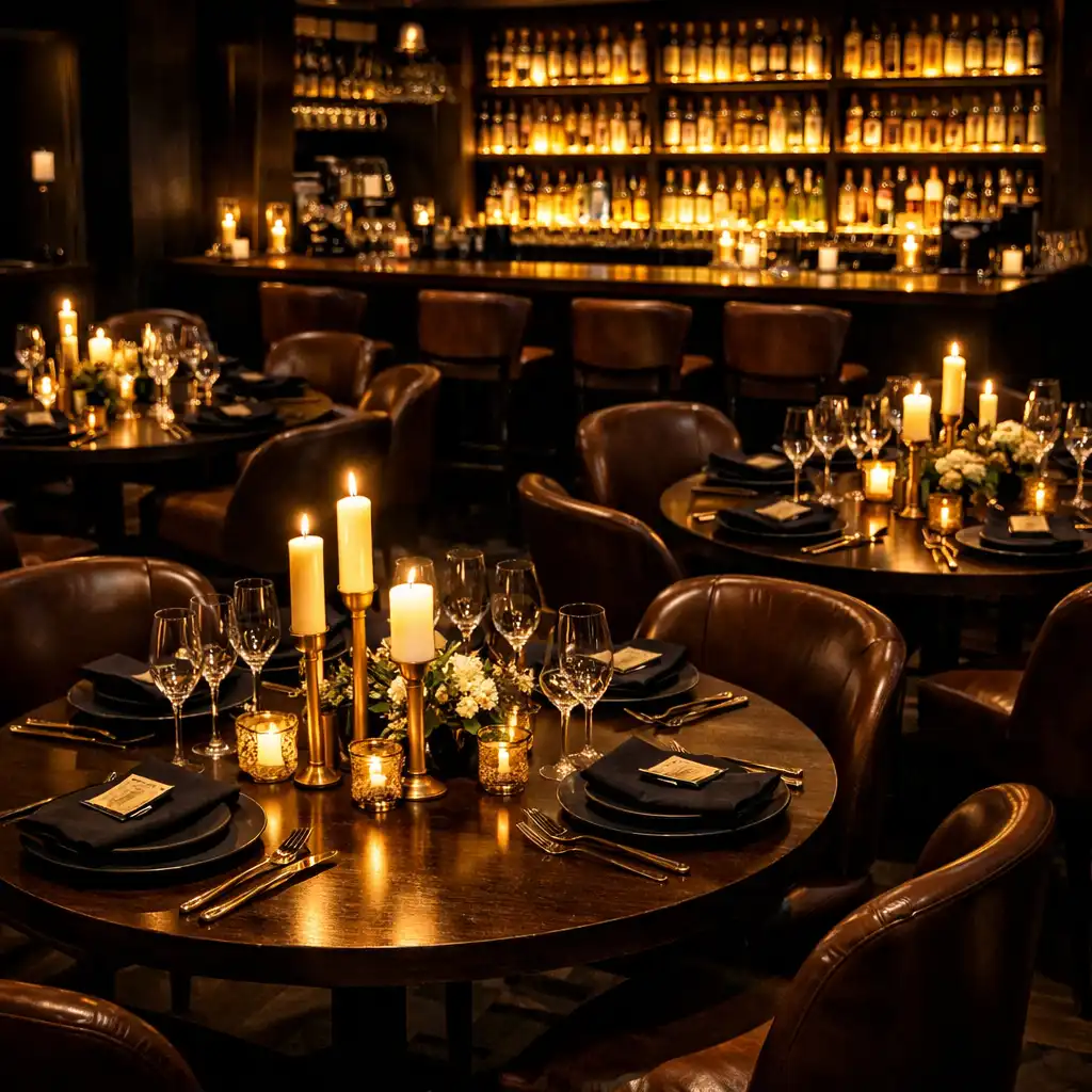 Część restauracyjna Resta Urqela przygotowana na prywatne wydarzenie z okrągłymi stolikami, świecami i złotymi detalami